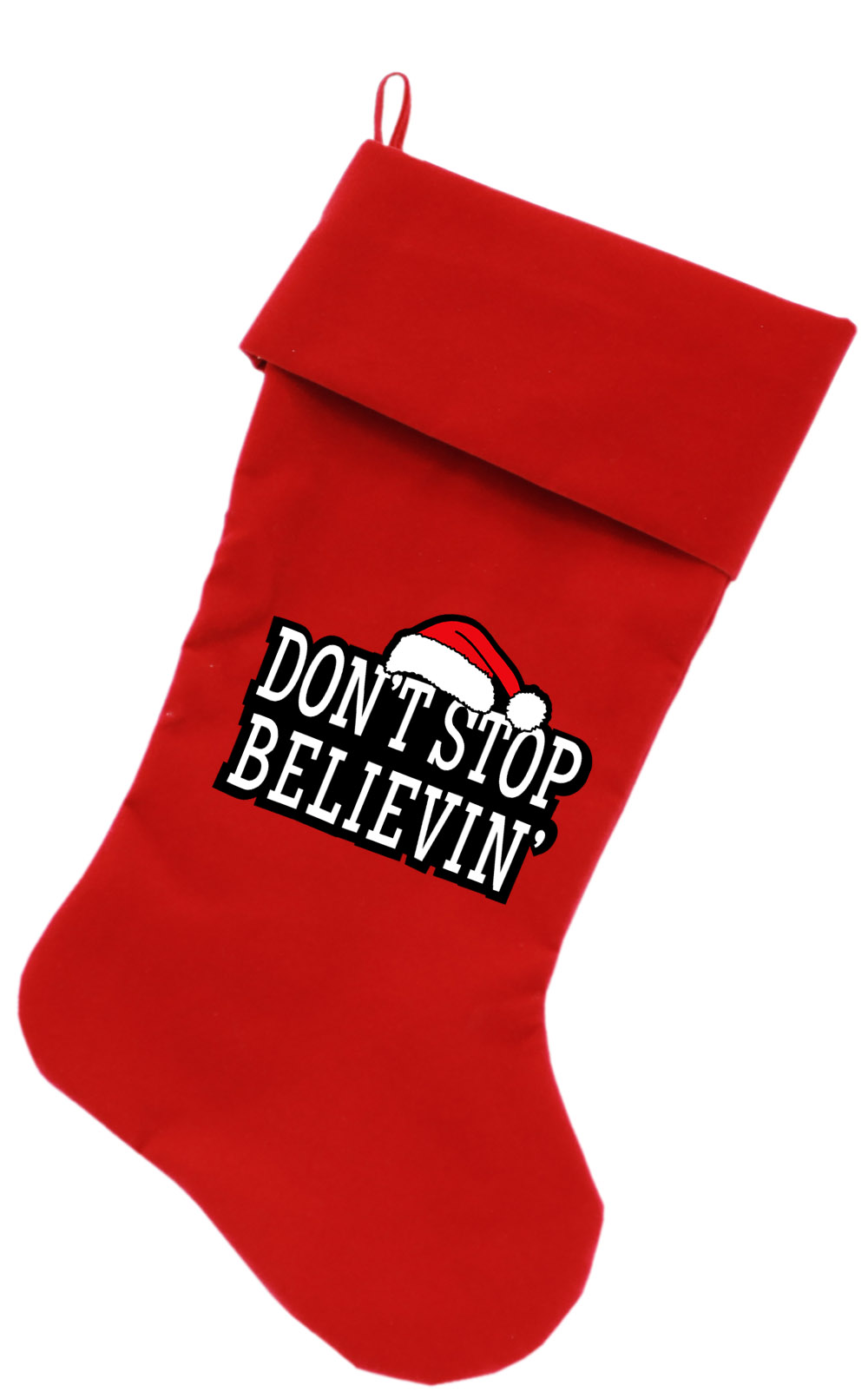 Don't Stop Believin Screen Print 18 inch Velvet Christmas Stocking Red